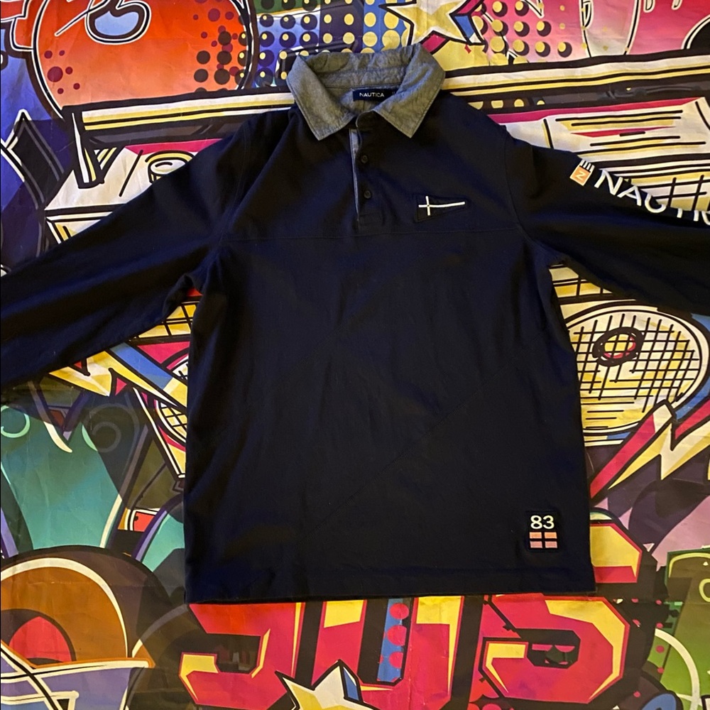 Vintage NAUTICA Long Sleeve Polo Shirt Navy Blue.